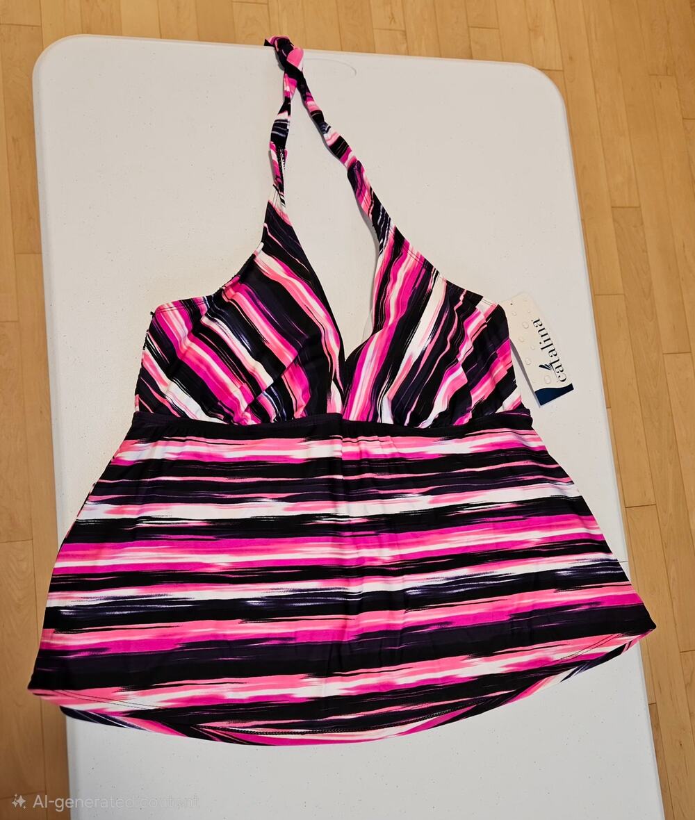 Catalina Halter Tankini Top 3X 22W-24W NWT Pink Black Striped Plus Size Swim